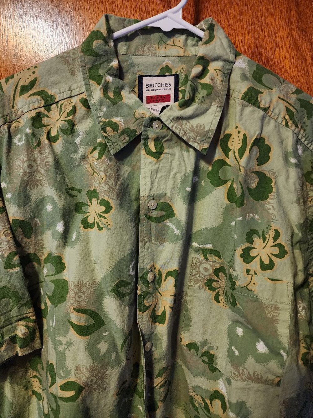 Men's Large Britches Of Georgetowne Green Floral Hawaiian Short Sleeve Shirt